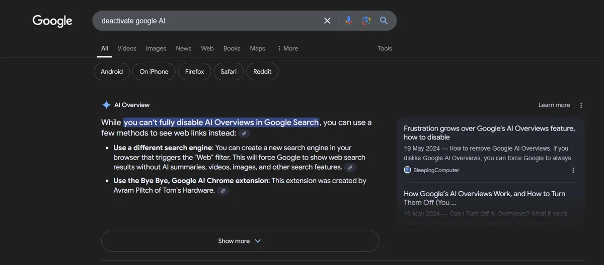 A screenshot of a Google search results page for 'deactivate google AI' shows the AI Overview section with the text 'While…