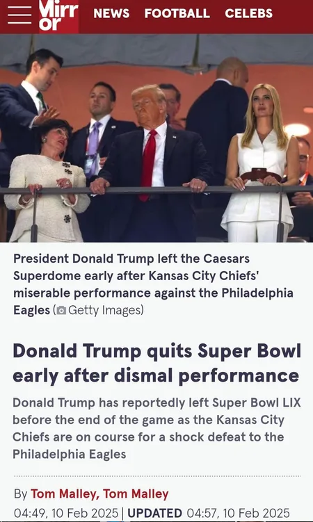 A screenshot of a fake news article from 'Mirror' with a photo of Donald Trump, Melania Trump, and other people at a Super…