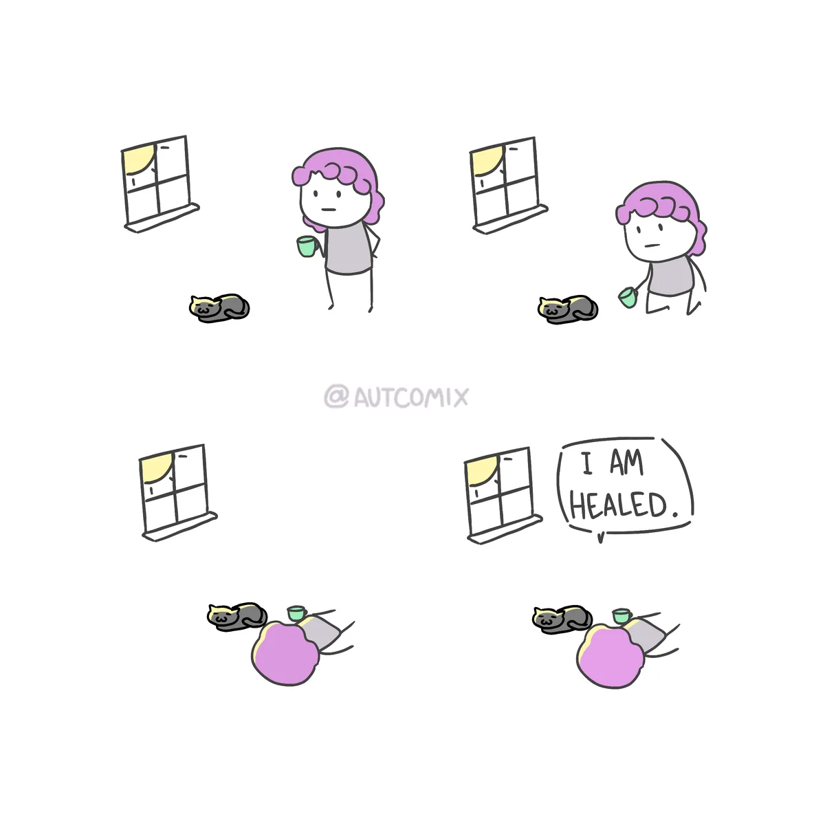 A four-panel comic shows a person with purple hair holding a green mug, walking toward a sleeping cat near a window. In the…