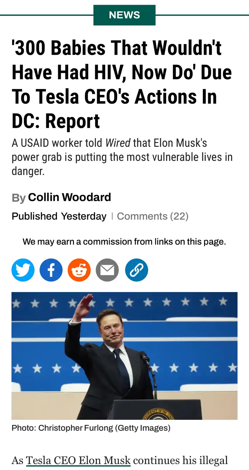 A screenshot of a fake news article with a headline claiming 300 babies contracted HIV due to Elon Musk's actions in DC…