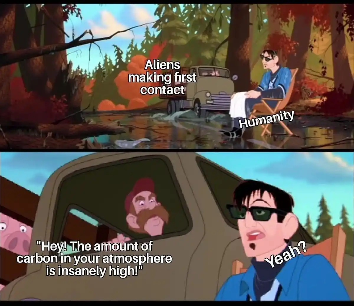 The top panel shows a cartoon alien in a blue jacket and sunglasses sitting in a director's chair labeled 'Humanity' as a…