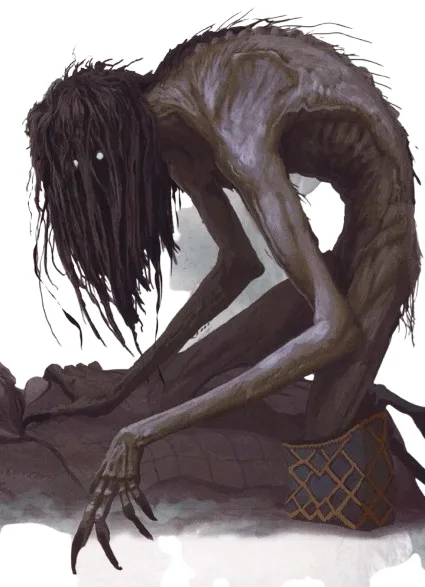 A grotesque, emaciated humanoid creature with stringy hair, glowing eyes, and skeletal limbs is hunched over, appearing…