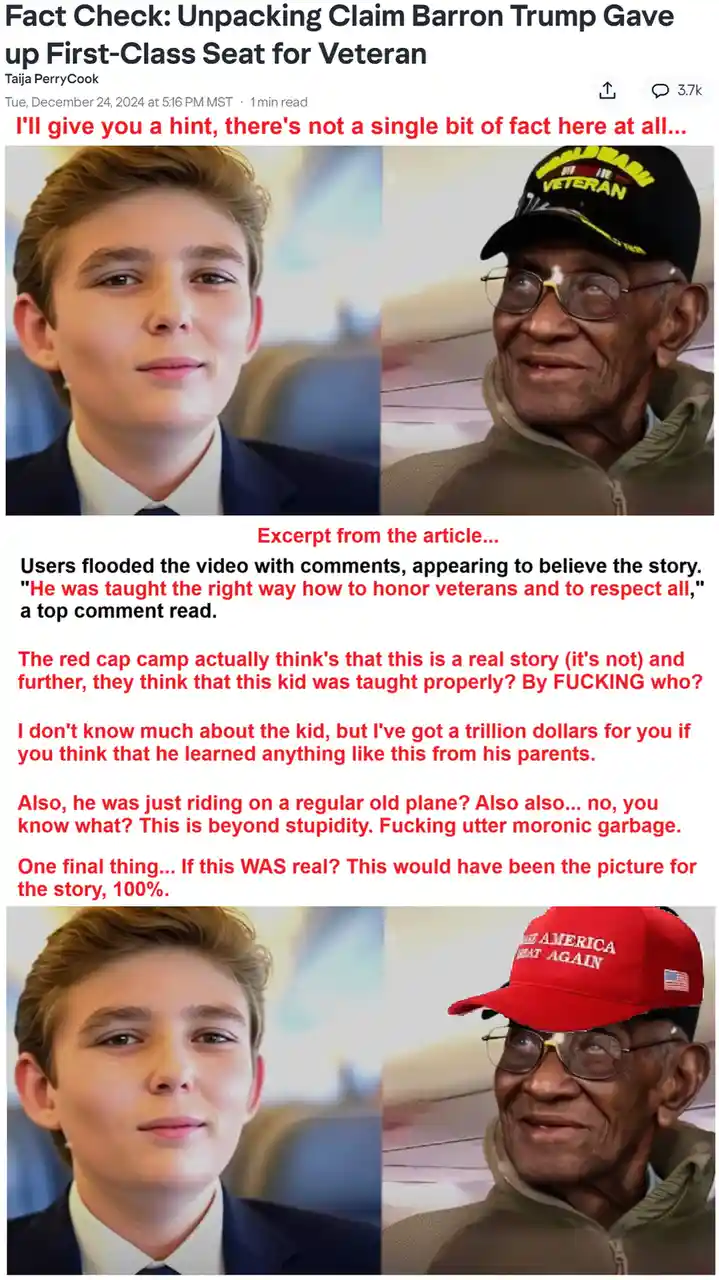 The image displays a split-screen of a young man in a suit and an older Black veteran wearing glasses. In the top half, the…