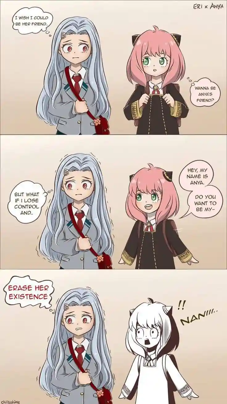 A three-panel comic shows Eri, a girl with silver hair and a school uniform, nervously wishing to be friends with Anya, a…