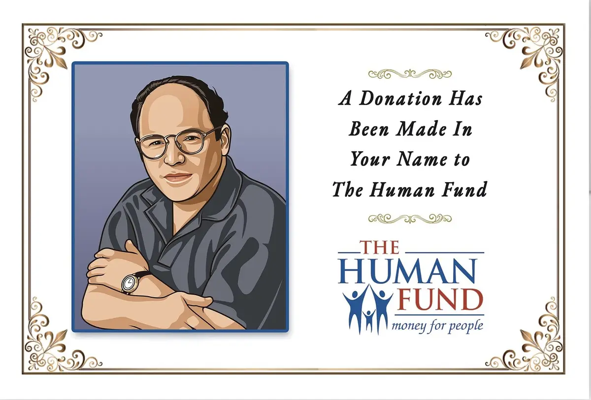 An illustrated portrait of a man with glasses and arms crossed appears on a formal donation certificate. The certificate…