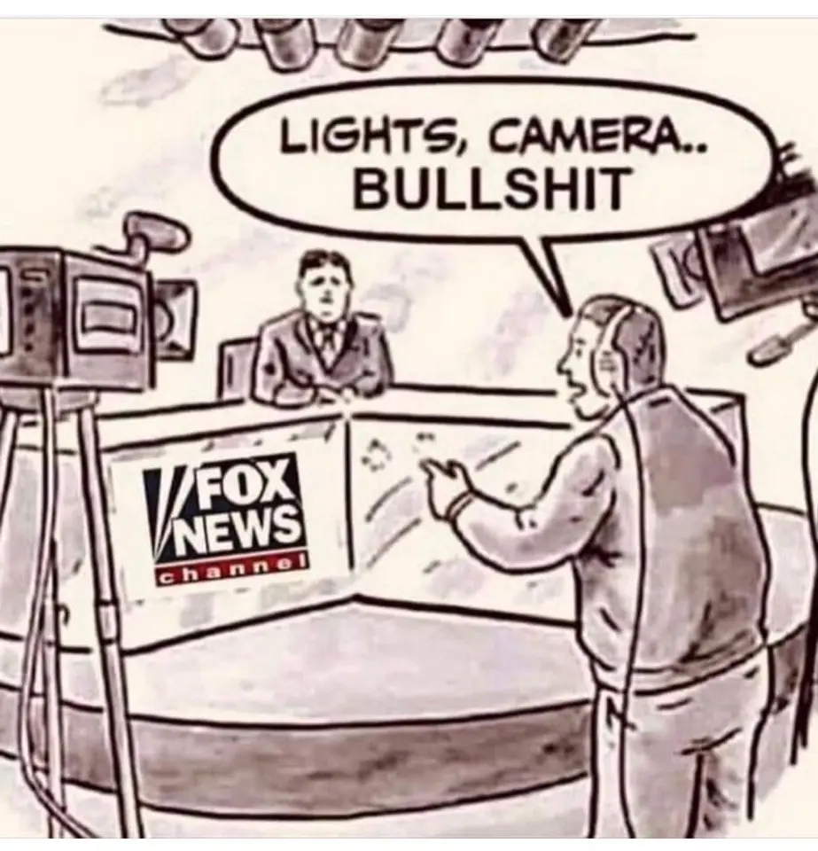 A black-and-white cartoon depicts a Fox News Channel studio set with a news anchor seated at a desk and a cameraman standing…