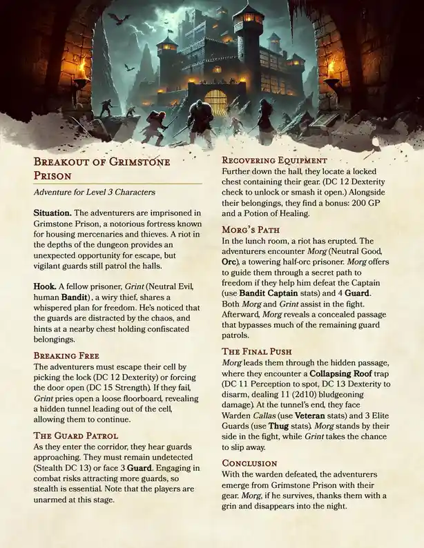 The image displays a fantasy adventure scenario titled 'Breakout of Grimstone Prison' for level 3 characters, featuring text…