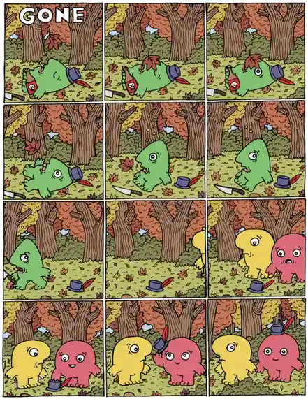A nine-panel comic strip shows a green, blob-like creature in an autumn forest. Initially, it's lying dead with a bottle and…