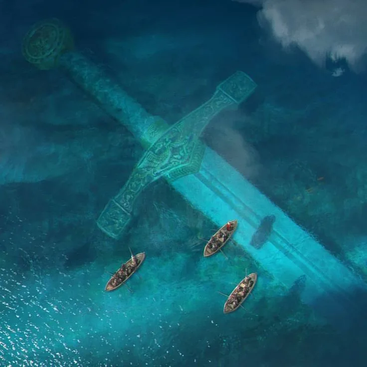 An aerial view shows three small boats floating near a massive, ornate sword embedded in the seabed. The sword, with…