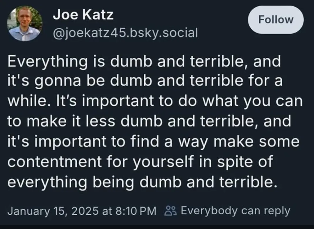 A screenshot of a social media post by Joe Katz, showing his profile picture, handle, and a long text message that repeats…