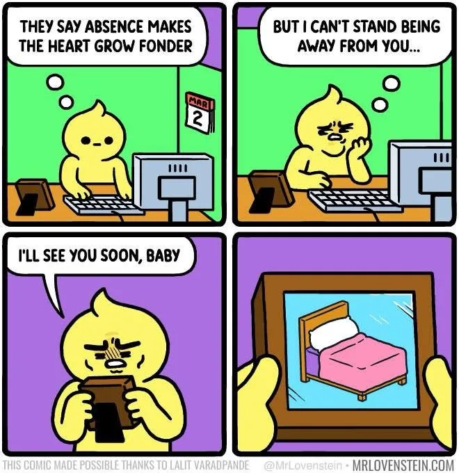 A four-panel comic strip featuring a yellow cartoon character with a tuft of hair. In the first panel, the character sits at…