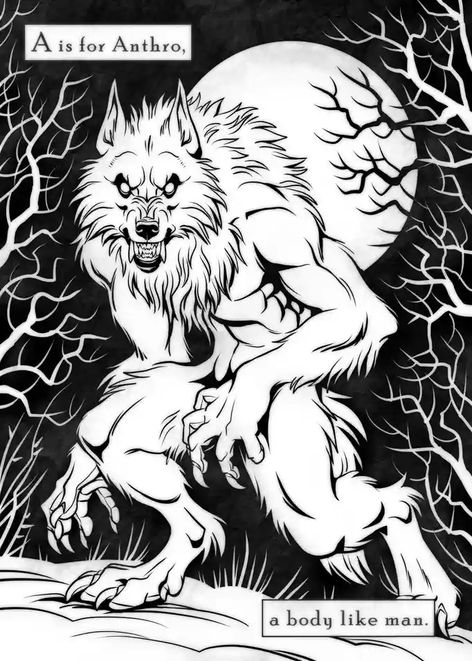 A black-and-white illustration depicts a muscular, bipedal anthropomorphic wolf with a human-like torso and limbs, standing…