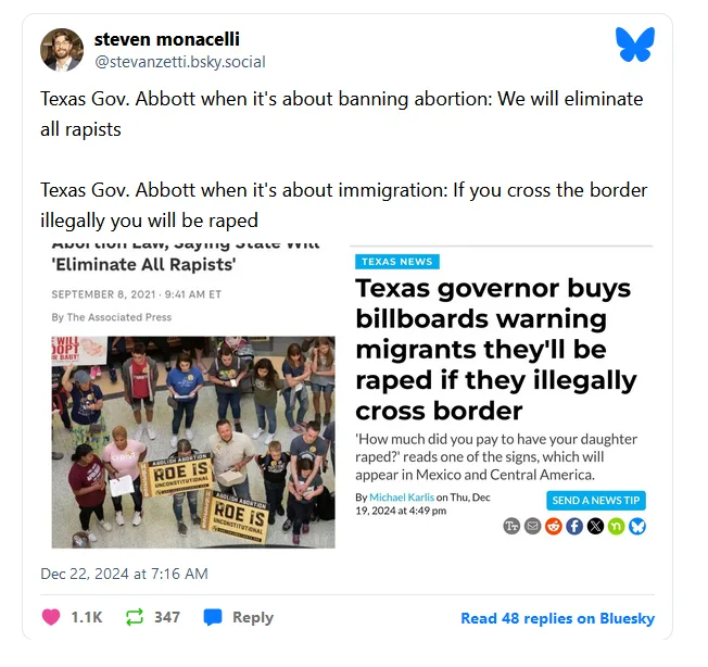 A screenshot of a Bluesky post by Steven Monacelli showing two news articles side-by-side. The left article, dated September…