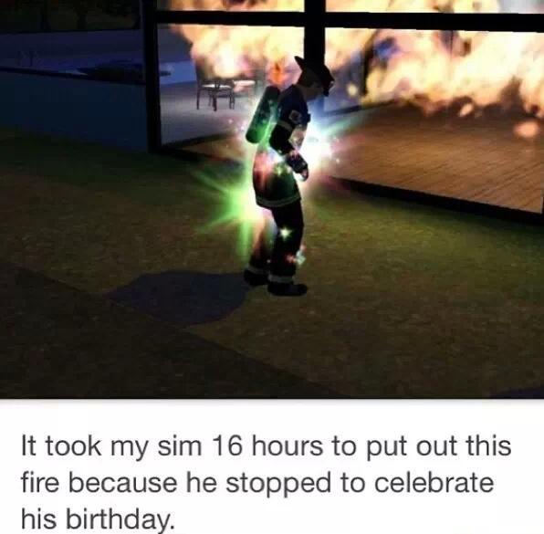 A video game character dressed as a firefighter stands outside a building engulfed in flames, glowing with green light. The…