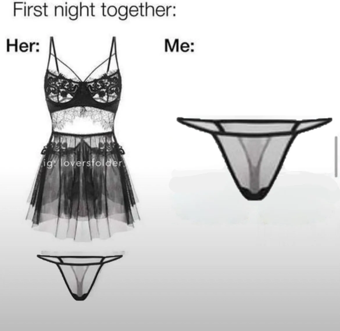 The image shows a split comparison under the heading 'First night together:'. On the left, labeled 'Her:', is a detailed…