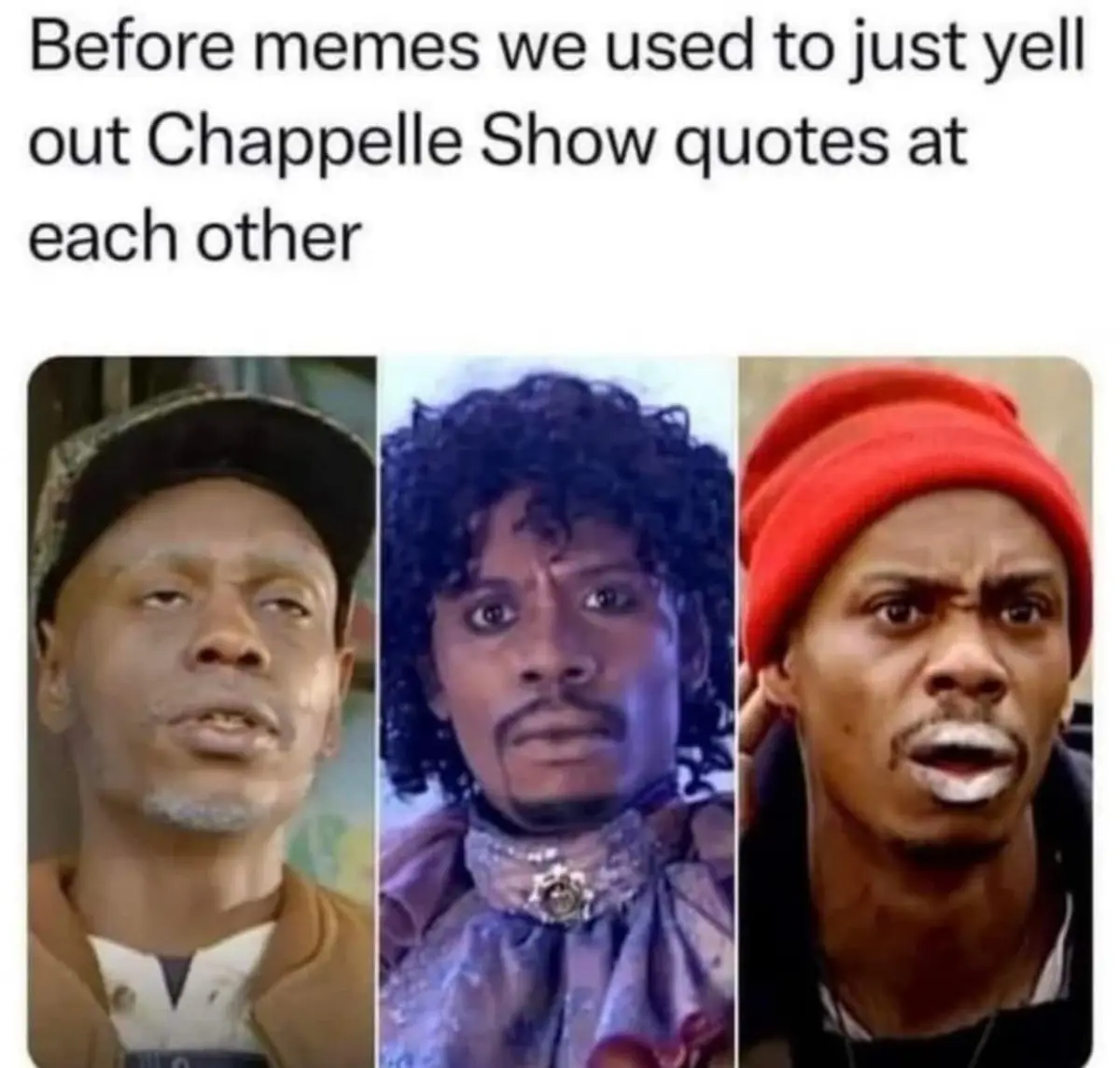 The image displays three side-by-side stills of actor Dave Chappelle in different characters from the Chappelle Show: left…