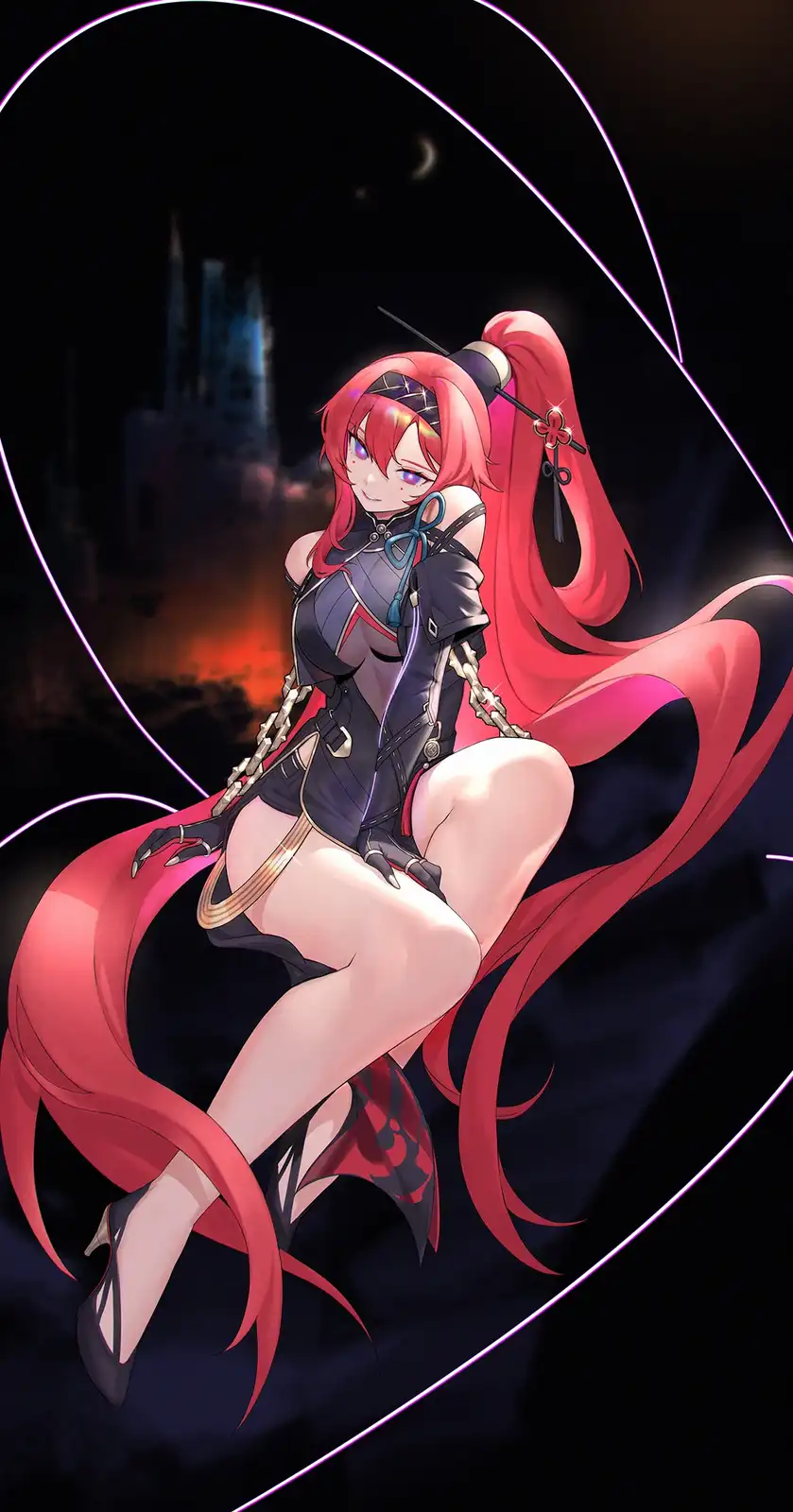 An anime-style illustration of a red-haired female character with purple eyes, wearing a dark outfit with chains and high…