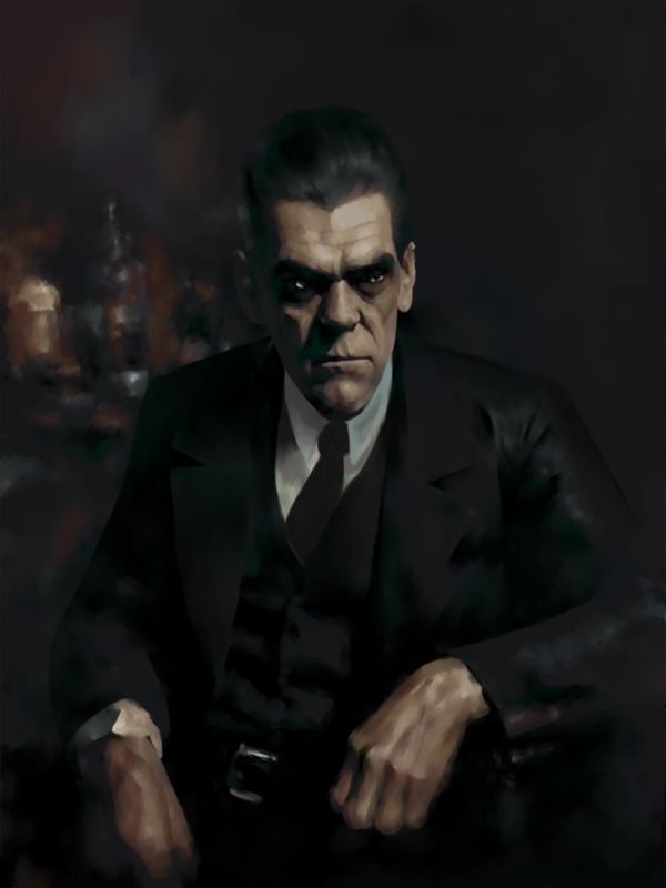 A dark, painterly portrait of a man with a stern, angry expression, wearing a black suit and tie, seated with clenched…
