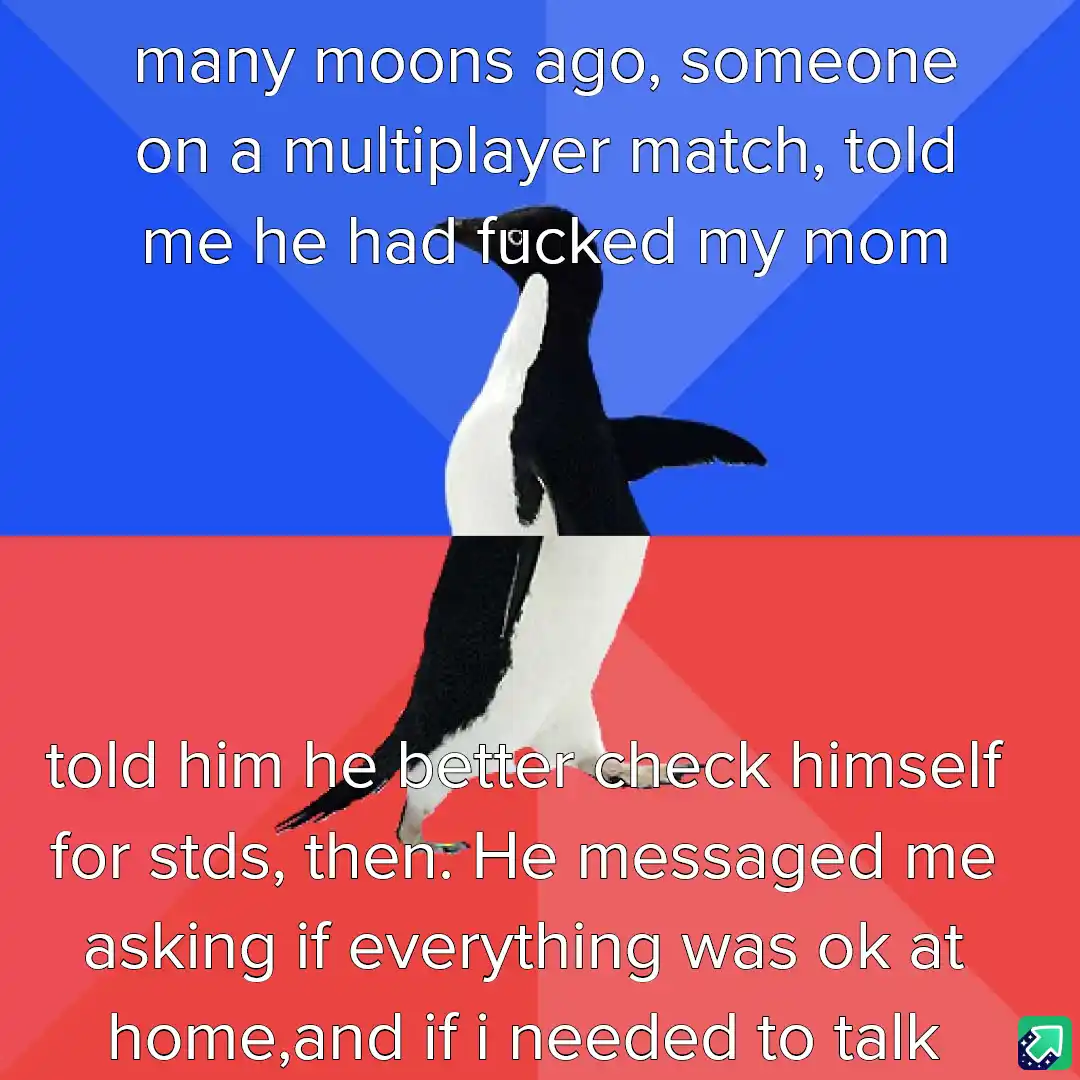 A penguin stands centered against a blue and red background, split horizontally. White text overlays the image in two…