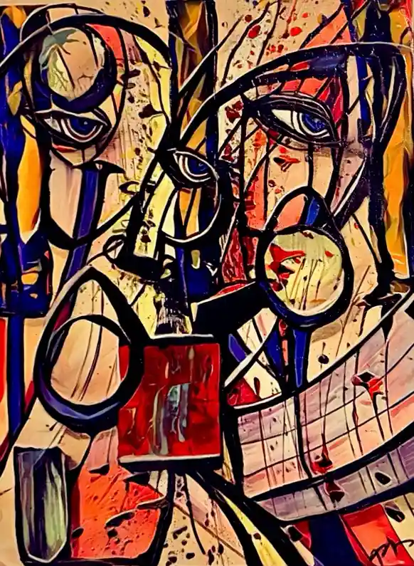 An abstract, colorful painting depicts two stylized, fragmented human faces with exaggerated eyes and distorted features…