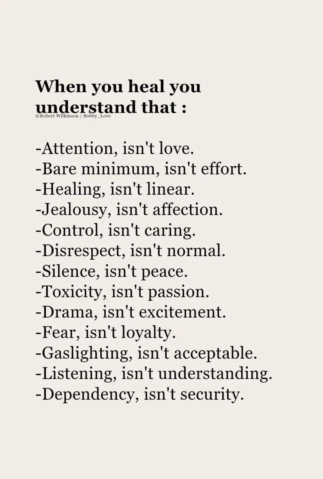A minimalist beige background with black serif text listing misconceptions about healing and relationships. The text begins…