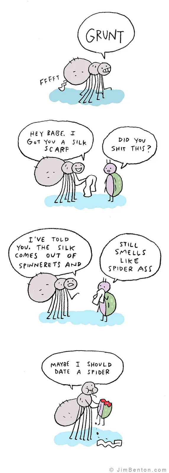 A four-panel comic strip featuring cartoon spiders. In the first panel, a spider grunts while walking. In the second, a…