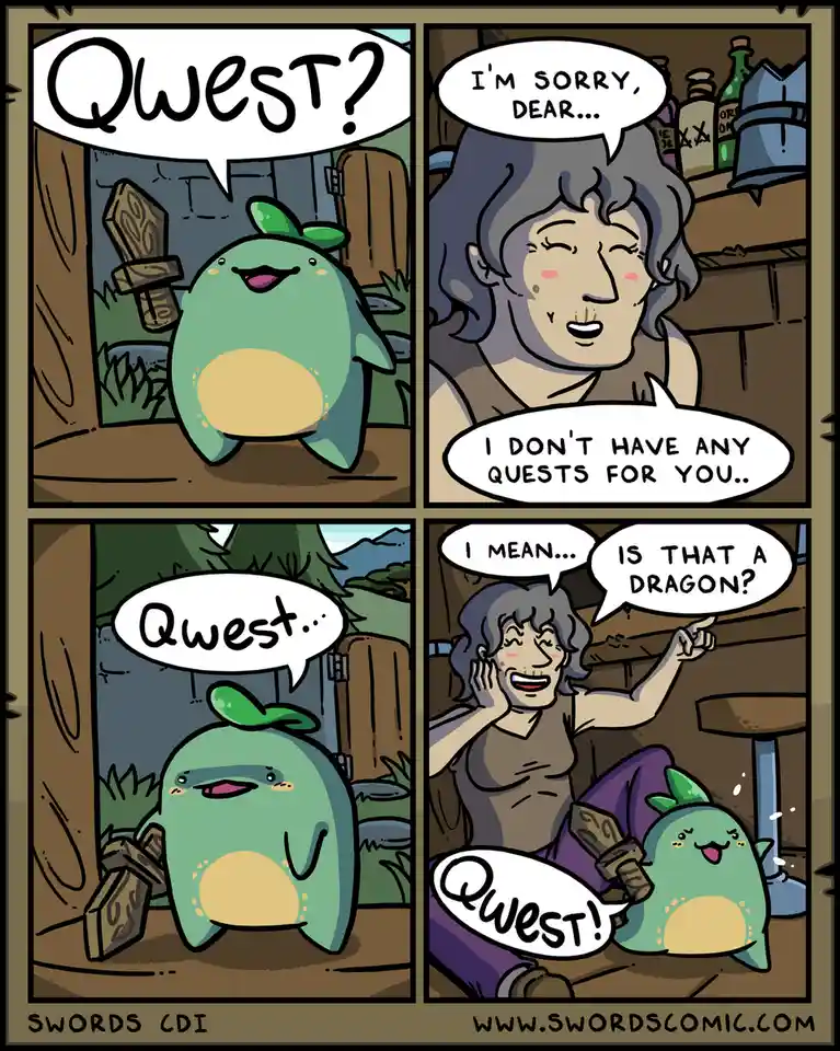 A four-panel comic shows a green, round, cartoonish creature with a leaf on its head asking for a 'quest'. A woman in a…
