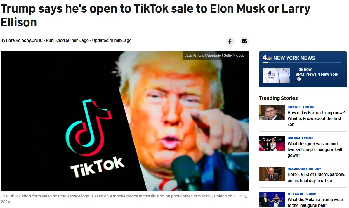 A news article screenshot shows a close-up of Donald Trump pointing forward, with the TikTok logo superimposed over the left…