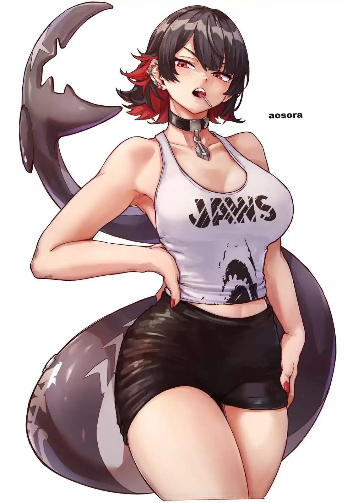 An anime-style illustration of a woman with short black and red hair, red eyes, and a large scorpion tail behind her. She…
