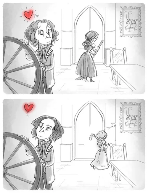 Two-panel comic strip showing a man with a heart above his head looking at a woman in a dress who is initially standing…