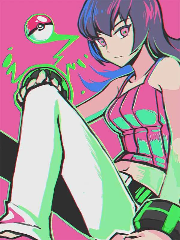 An anime-style illustration of a young woman with purple hair and pink eyes, wearing a pink and green outfit, sitting with…