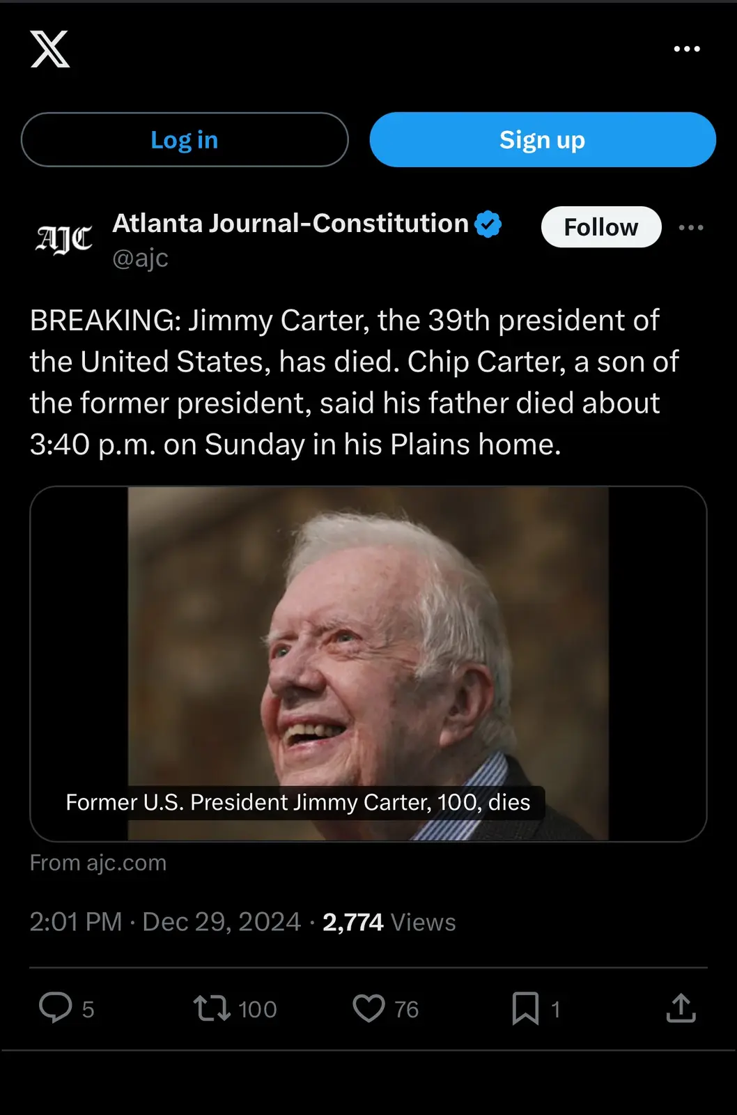 A screenshot of an X (Twitter) post from the Atlanta Journal-Constitution reporting the death of former U.S. President Jimmy…