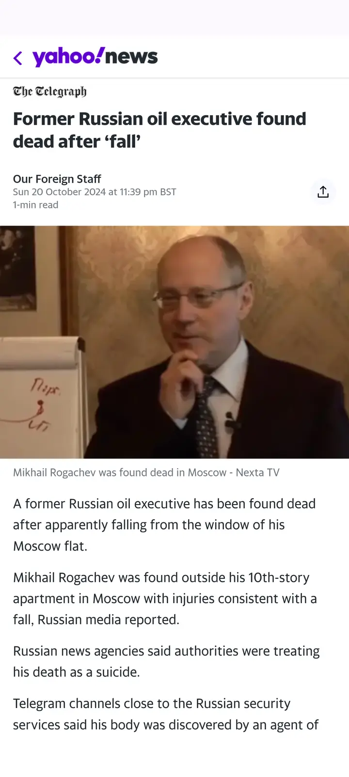 A screenshot of a Yahoo News article about Mikhail Rogachev, a former Russian oil executive found dead after falling from…