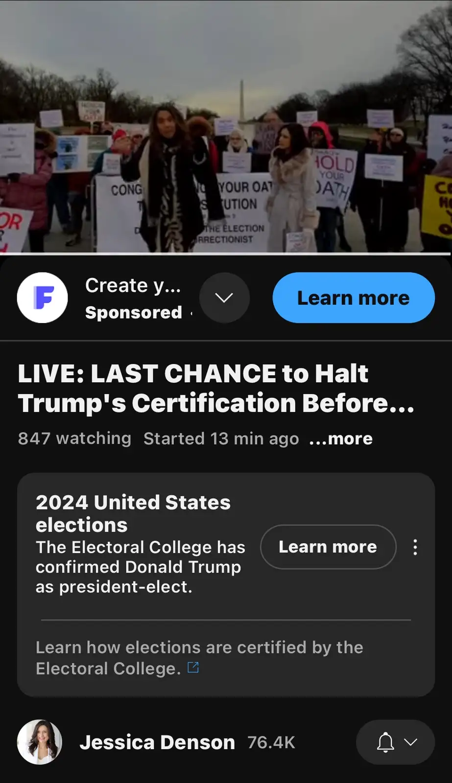 The image shows a screenshot of a Facebook Live video interface. The top half displays a protest scene with people holding…