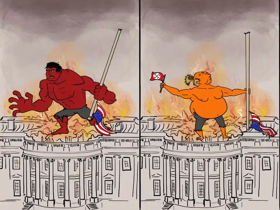 The image is split into two panels showing a muscular red figure on a building rooftop holding an American flag on a pole in…