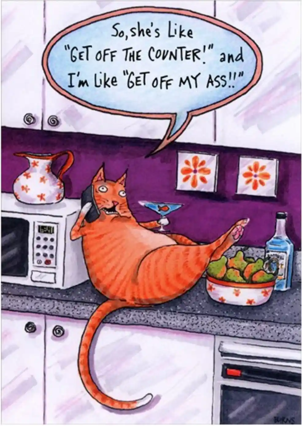 A cartoon orange tabby cat lounges on a kitchen counter, holding a phone to its ear and a martini glass in its paw, with a…