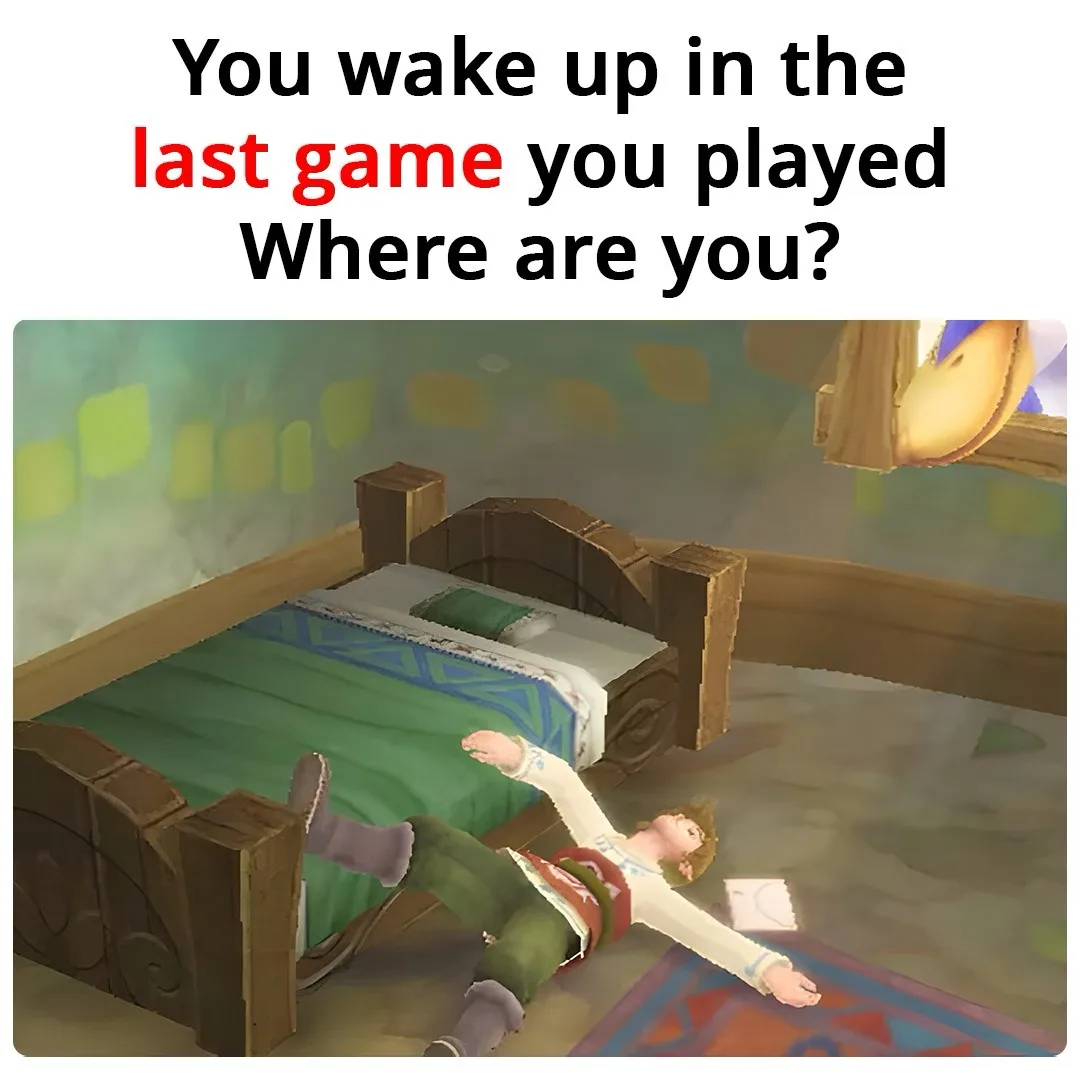 A video game character, resembling Link from The Legend of Zelda, lies sprawled on the floor beside a wooden bed in a simple…