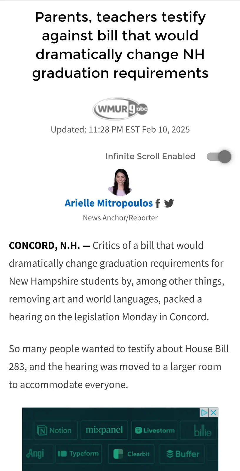 The image displays a screenshot of a WMUR 9 abc news article from February 10, 2025, reporting on a crowded public hearing…