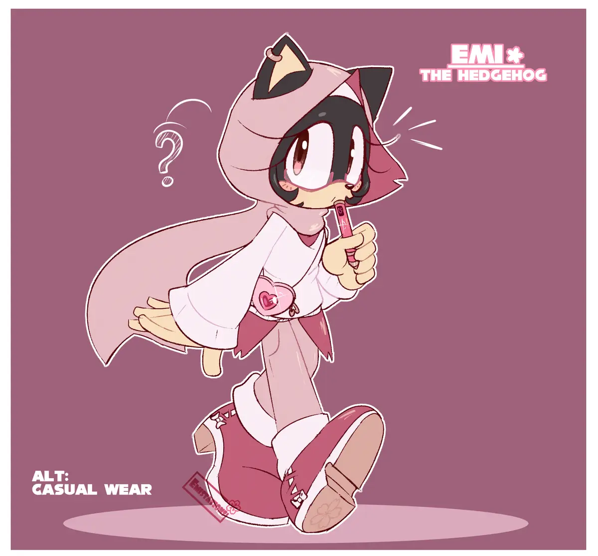A cartoon hedgehog character named EMI* THE HEDGEHOG, wearing a pink hooded outfit with a heart-shaped accessory, is shown…