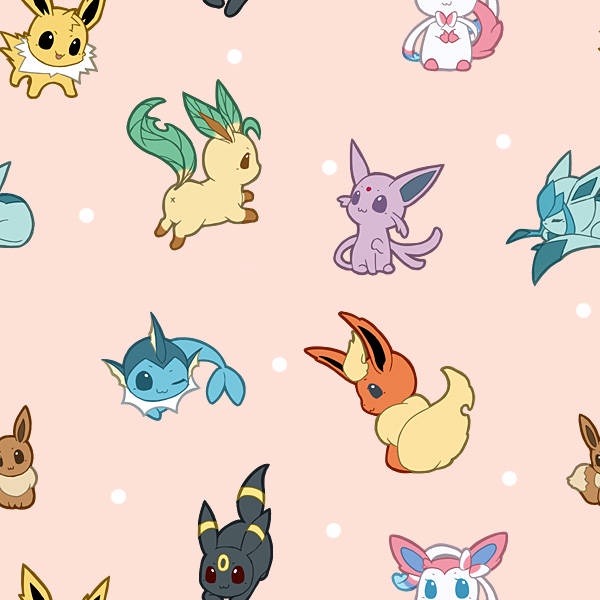 The image displays a repeating pattern of various Pokémon characters, including Eevee, Vaporeon, Jolteon, Flareon, Espeon…
