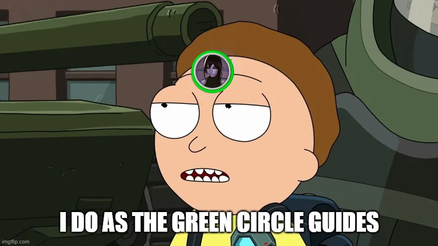 A cartoon character with a shocked expression has a small green circle over his forehead containing a photo of a woman. The…