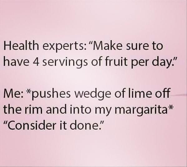 A plain pink background displays black text mimicking a dialogue. The first line quotes health experts advising four daily…