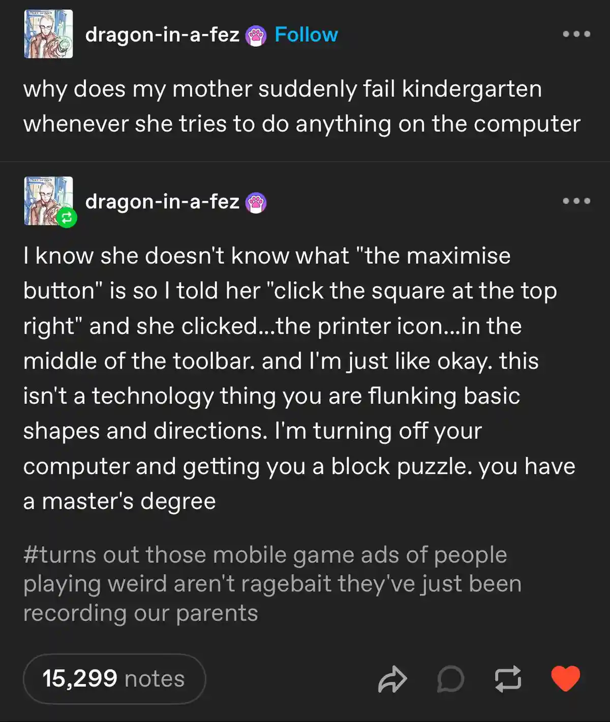 A screenshot of a social media post showing a user's humorous exchange about their mother struggling with basic computer…