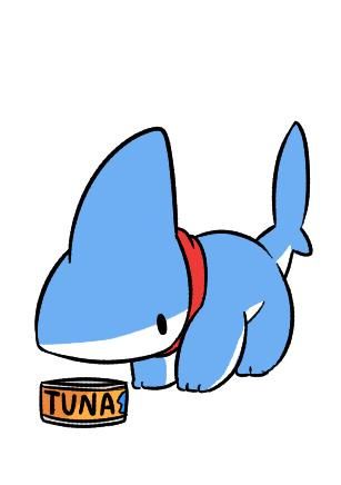 A cartoon blue shark wearing a red collar is kneeling beside a small can labeled 'TUNA?' with a question mark. The shark…