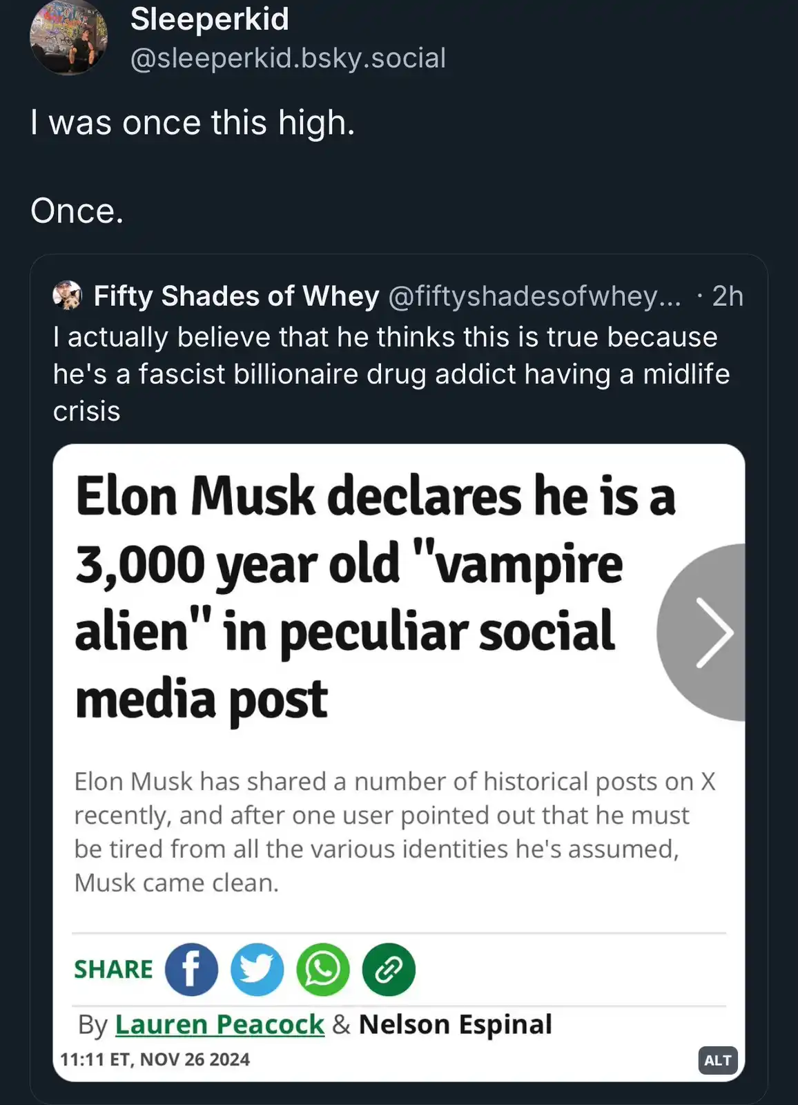 A screenshot of a social media post by 'Sleeperkid' that reads 'I was once this high. Once.' above a news article headline…