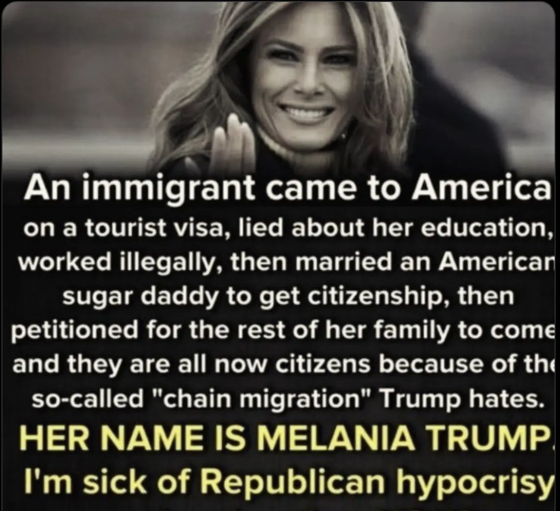 A black-and-white photo of Melania Trump smiling and waving, overlaid with text accusing her of immigration violations and…