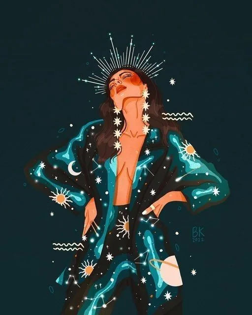 An illustrated woman with dark hair and a radiant halo of stars looks upward with her eyes closed, wearing a flowing teal…