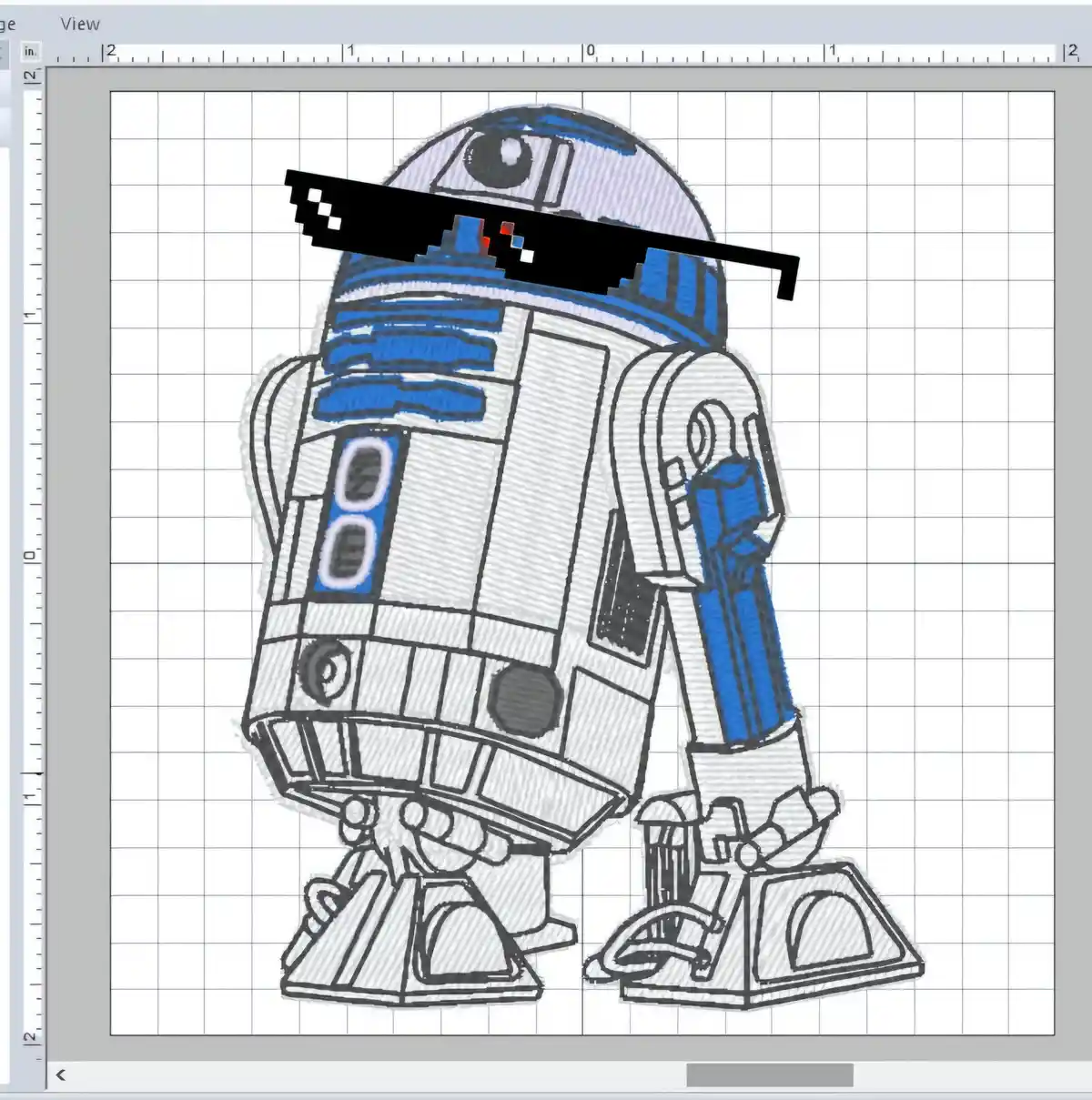 A hand-drawn, colored sketch of the Star Wars droid R2-D2 is displayed within a digital design software interface, featuring…