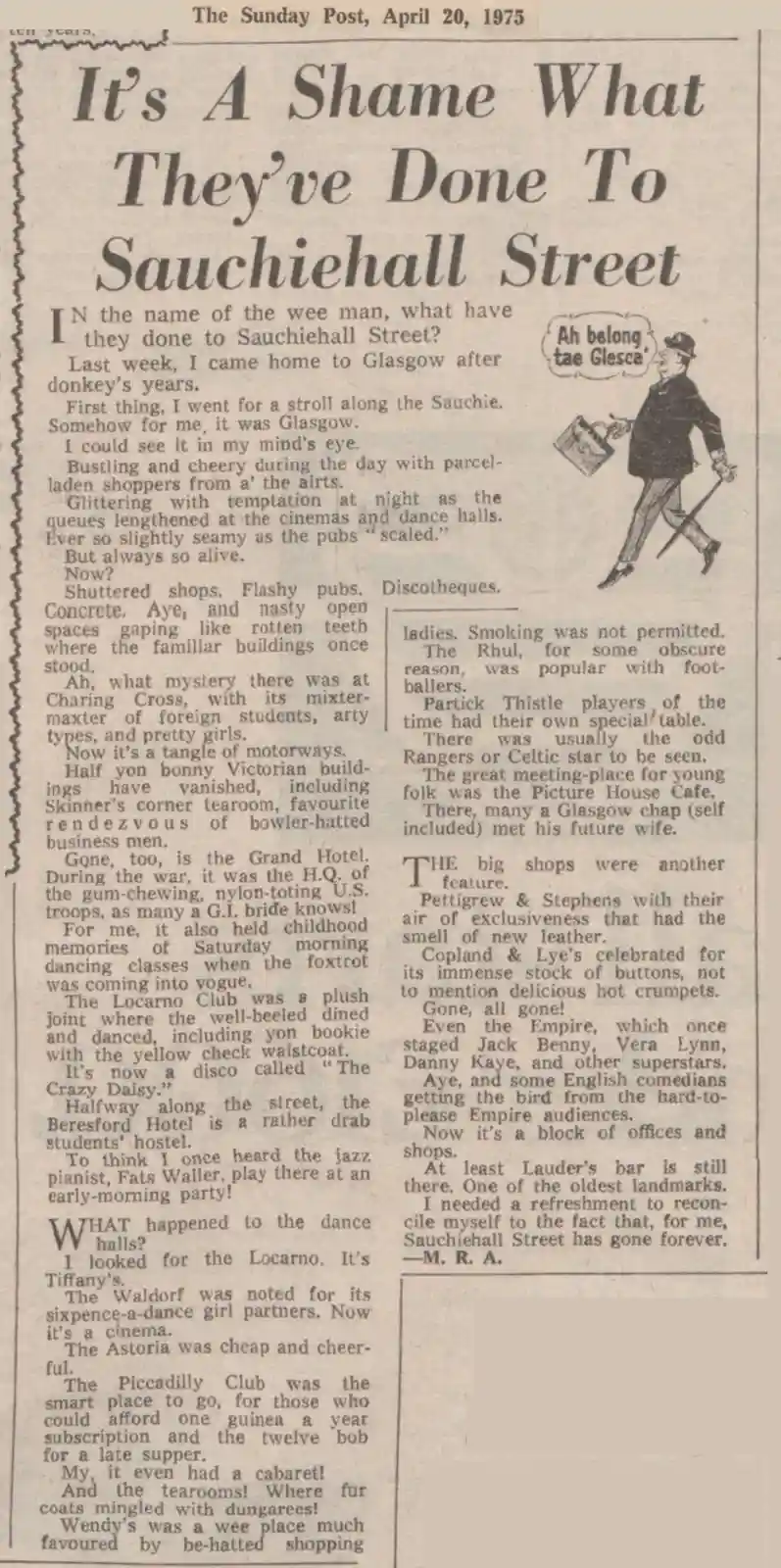 A 1975 newspaper clipping from The Sunday Post features a nostalgic article lamenting the loss of Glasgow's Sauchiehall…