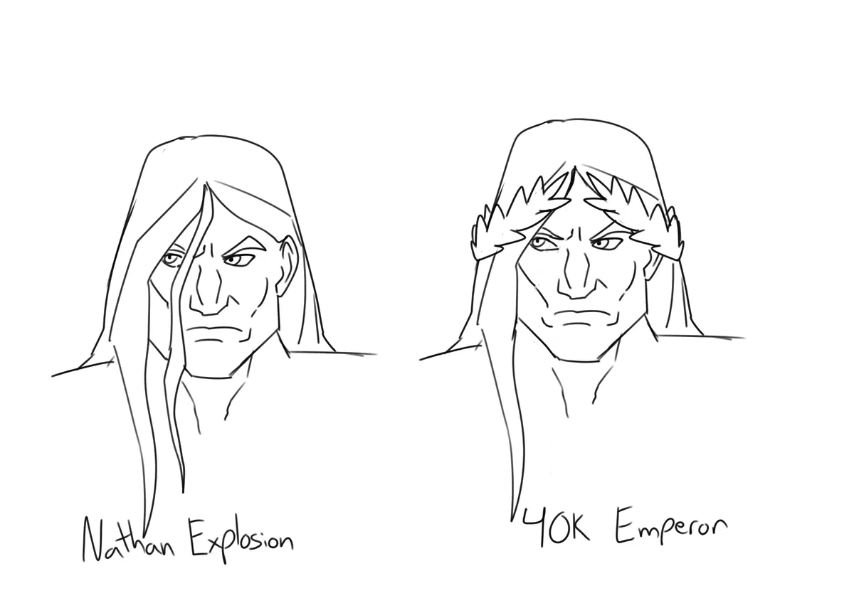 Two black-and-white line art sketches of stern-faced, long-haired male characters side-by-side. The left figure is labeled…
